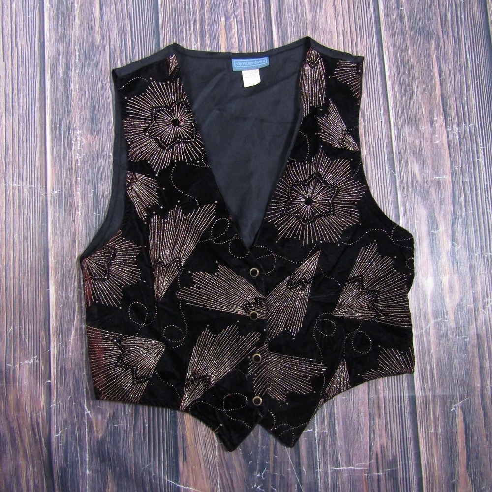 Christine David Vest Womens M Black Velvet Beaded Geometric Button Front Lined